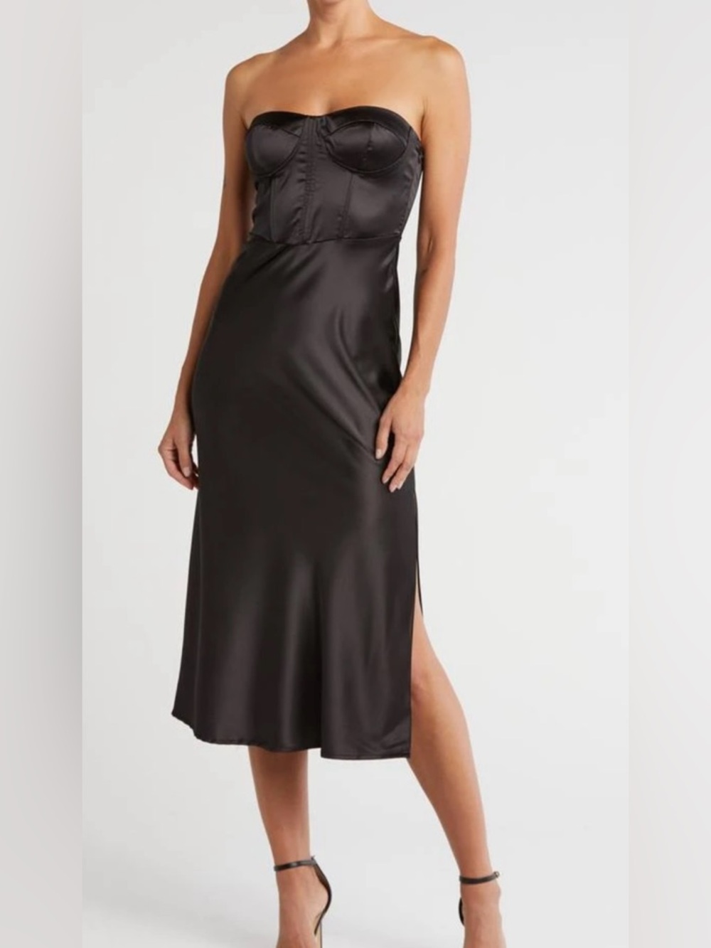 Strapless Black Satin Midi Dress